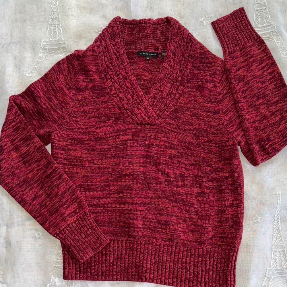 JEANNE PIERRE Red Cable Knit V-Neck Sweater EUC M